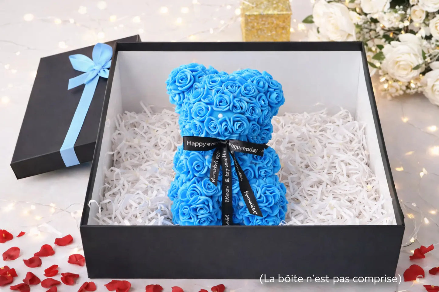 Ours en rose artificiel bleu 25 cm – Rosy Bear