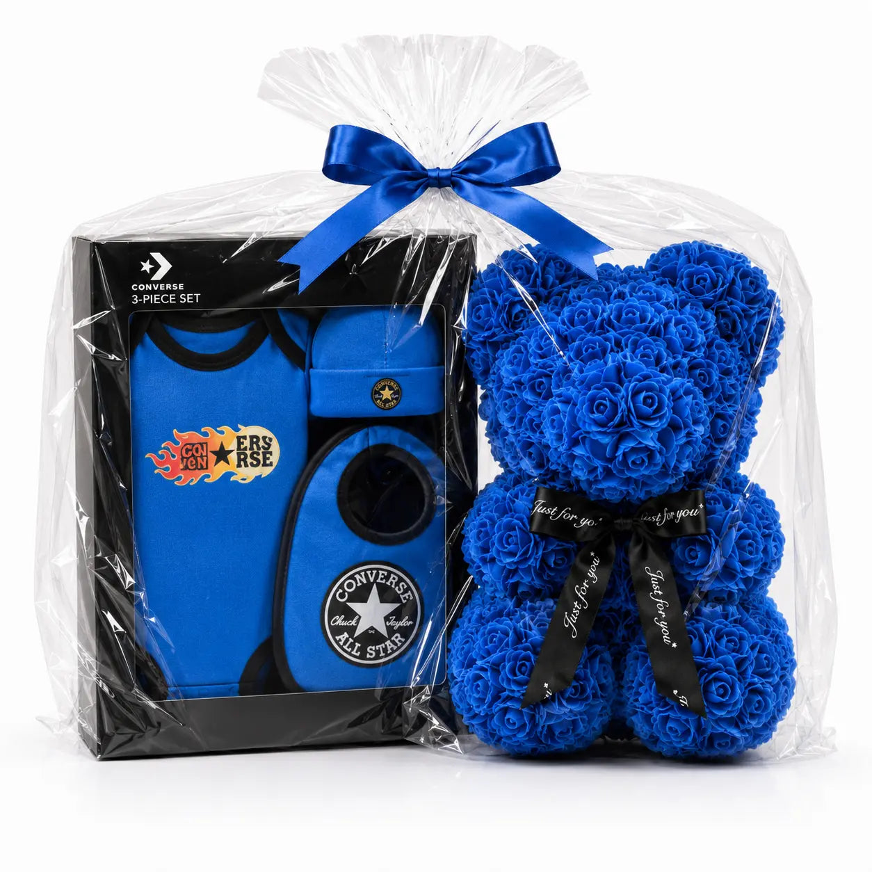 Coffret Naissance Garçon Converse – Ours en Roses Bleu Royal 25 cm