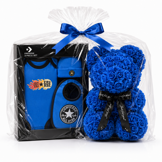 Coffret de Naissance Garçon Converse – Ours en Roses Bleu Royal 25 cm Rosy Bear
