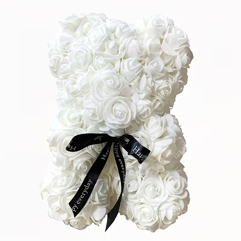 Ours en Roses Artificielles Blanc 25 cm – Cadeau Romantique