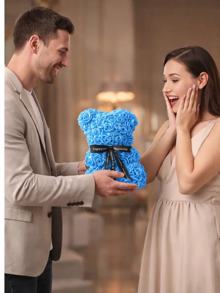 Ours en rose artificiel bleu 25 cm – Rosy Bear