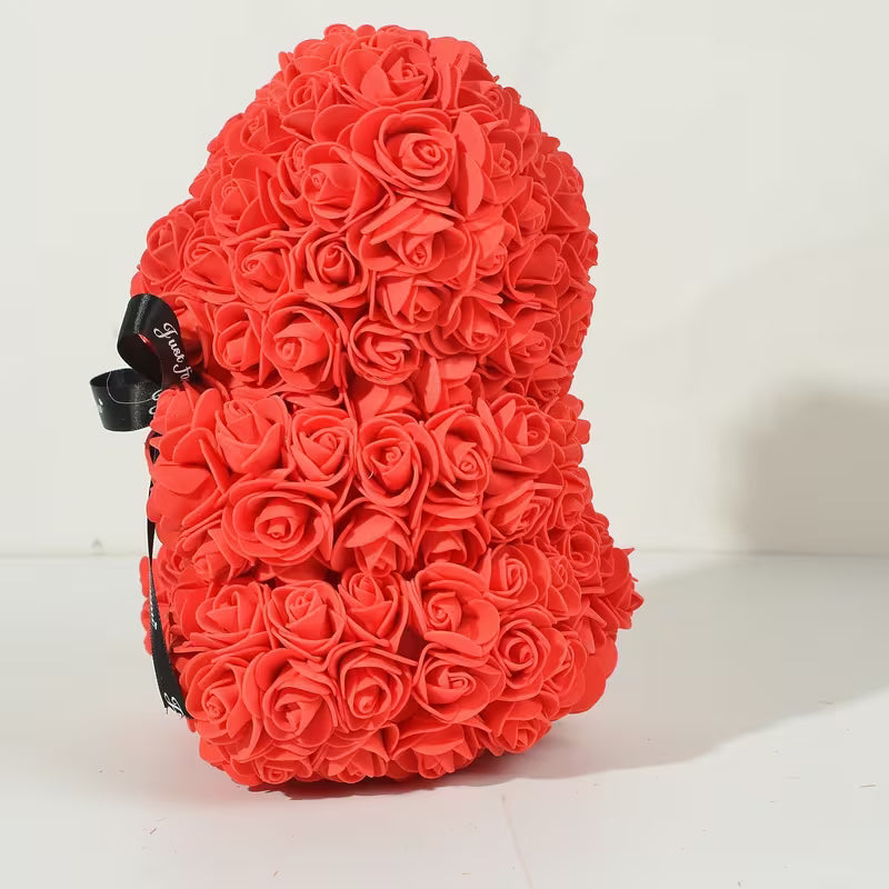 Ours en Roses Artificielles Rouge 25 cm – Cadeau Romantique