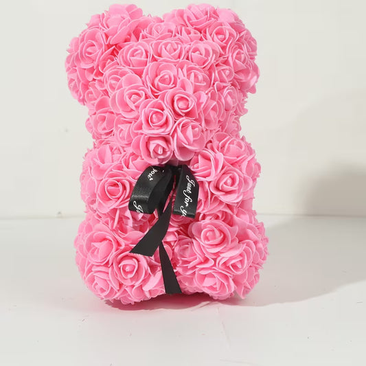 Ours en Roses Artificielles Rose 25 cm – Cadeau Romantique