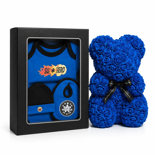 Coffret Naissance Garçon Converse – Ours en Roses Bleu Royal 25 cm