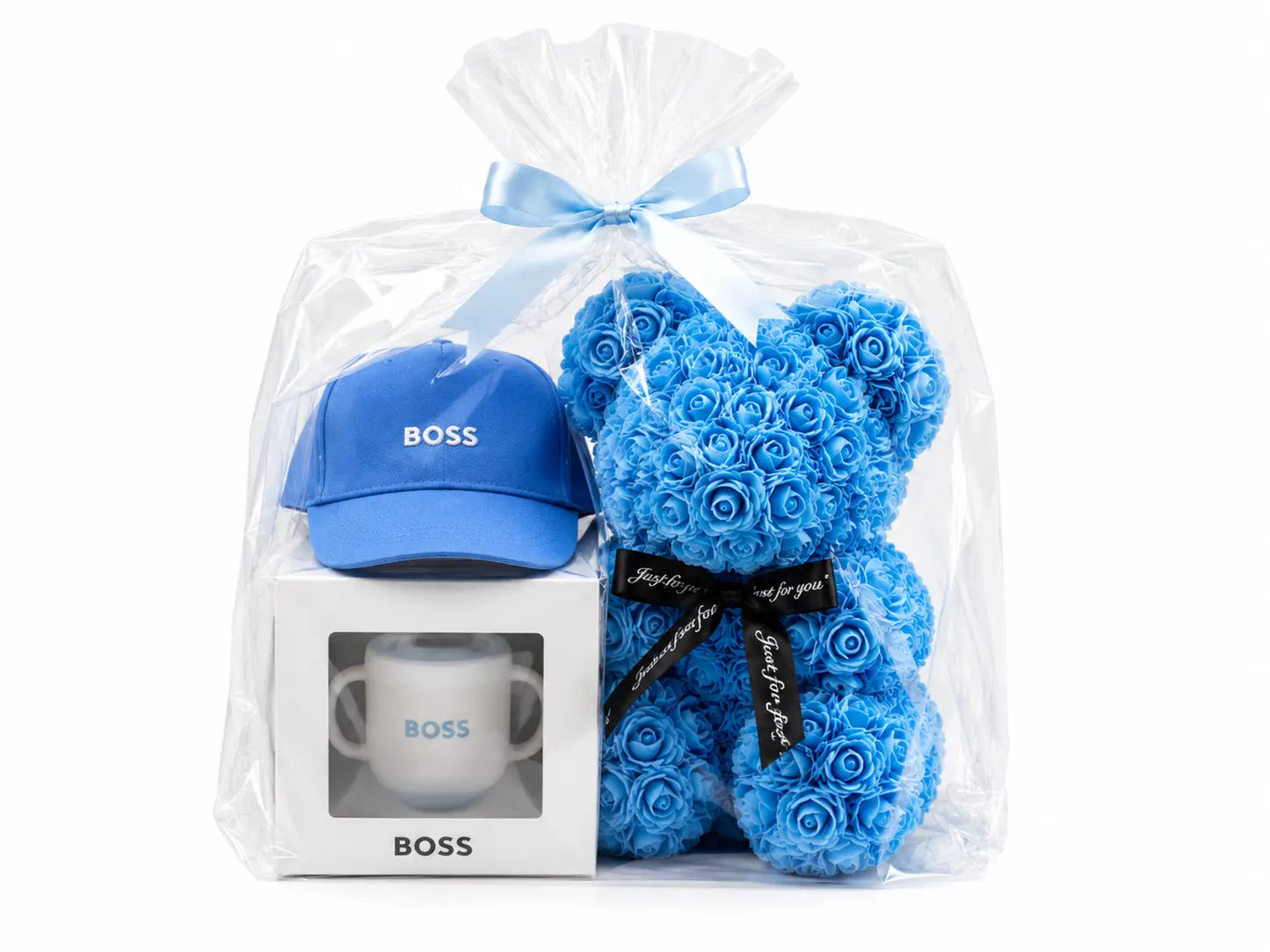 Coffret Naissance Garçon Boss Baby – Ours en Roses Bleu 25 cm