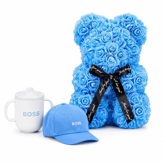Coffret Naissance Garçon Boss Baby – Ours en Roses Bleu 25 cm