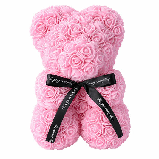Ours en Roses Artificielles Rose Pâle 25 cm–Cadeau Romantique Rosy Bear