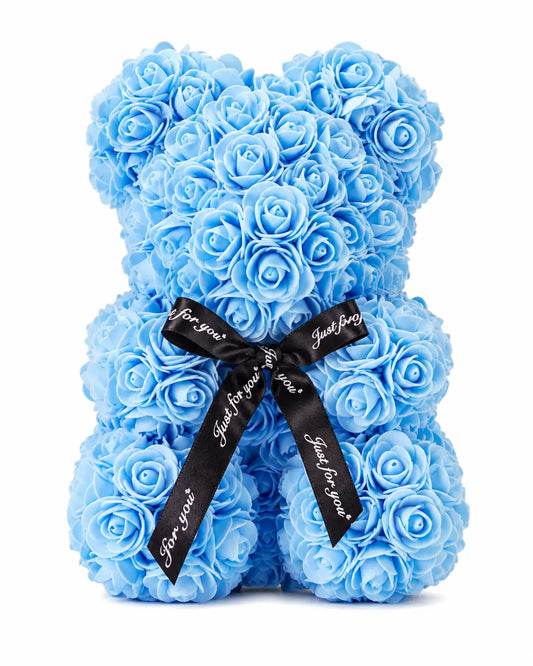 Ours en Roses Artificielles Bleu 25 cm – Cadeau Romantique Rosy Bear
