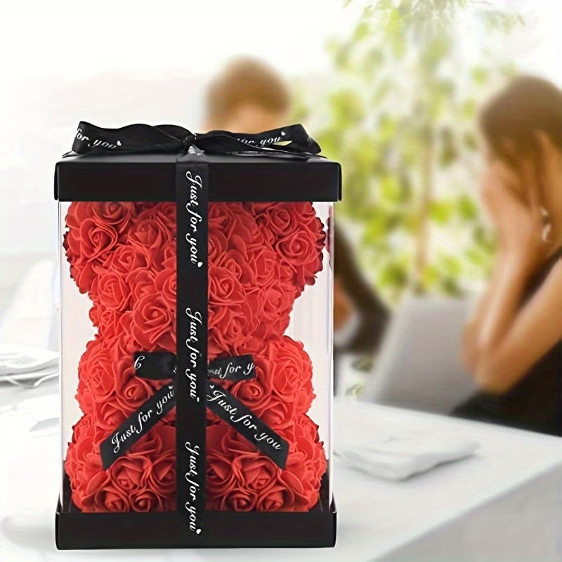 Ours en Roses Artificielles Rouge 25 cm – Cadeau Romantique