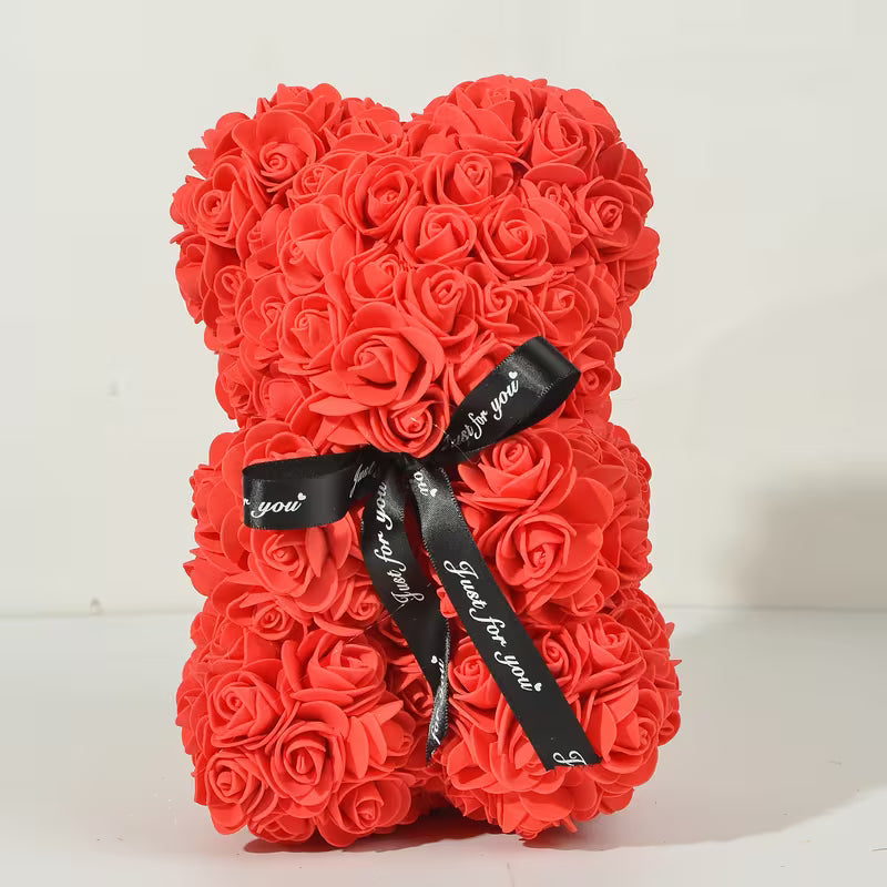 Ours en Roses Artificielles Rouge 25 cm – Cadeau Romantique